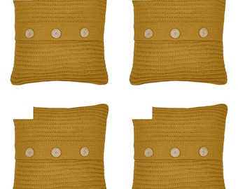 SET OF 4 - Ochre Yellow Cushion Covers 18 x 18&quot; Inch 45 x 45 cm Chunky Knit Home Decor X-thick Pillow Cases Sofa Decor Woven UK