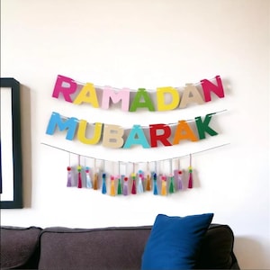 Eid Ramadan Mubarak Decorative Banner with Tassels Colourful Bunting Festive Home Party, Mosque Decorations, Islamic Celebration Decor - New