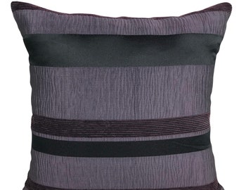 Luxury Royal Purple + Black Stripe - Crinkle Fabric Decor Cushion Covers - Pillowcases for Home Office Sofa Couch - 18x18" - 45x45 cm