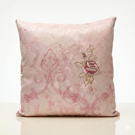 ピンクの花柄バラ刺繍ジャカードクッションカバー – ハンドメイド