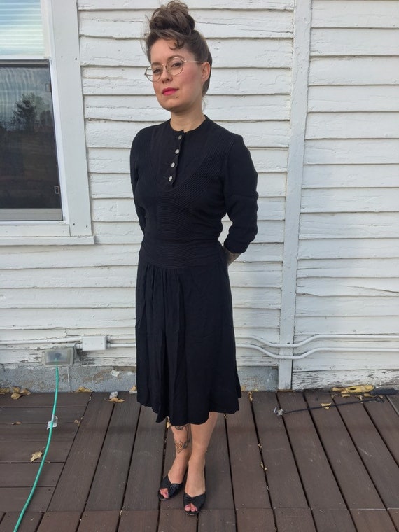 Vintage 40s rayon black dress with button collar,