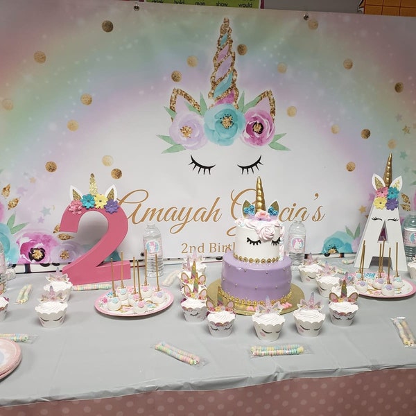 Custom Unicorn Birthday Banner, Personalized Rainbow Floral Unicorn Backdrop for Girls Unicorn Birthday Party