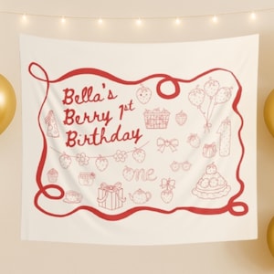 Berry First Birthday Tapestry Personalized Strawberry 1st Birthday Backdrop Sweet One Girl Birthday Banner Party Wall Decor