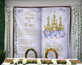 Storybook backdrop for fairytale baby showers, princess-themed "Once upon a time" banner,  Vintage giant open book backdrop