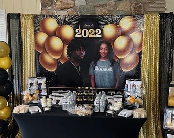 Custom Photo Birthday Backdrop in Black and gold | Personalized backdrop