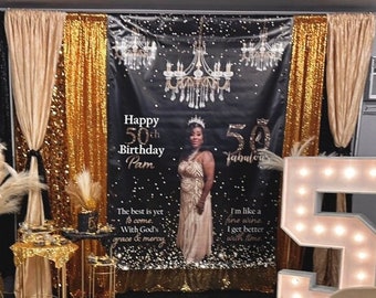 Personalized Black and Gold Chandelier Birthday Backdrop - Custom 50th Celebration Banner