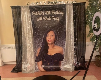 Custom Black Birthday Backdrop | Customized With Your Photo For Birthdays, Graduation, Weddings, Anniversary Party, Quinceañera, Sweet 16