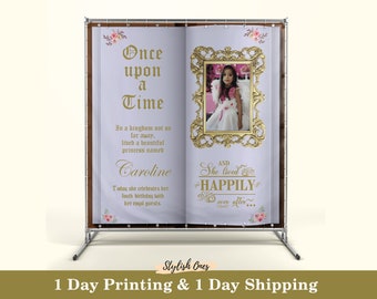 Fairytale birthday backdrop | Storybook backdrop that says "Once upon a time" Personalized photo, age, and name