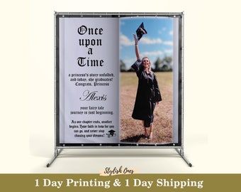 Graduation backdrop with custom photo and giant storybook | Class of 2024 banner personalized, Graduation banner