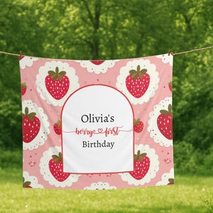 Strawberry Birthday Banner Custom Berry 1st Birthday Tapestry Sweet One Theme Bday Pink with Big Strawberries, Personalized Name Party Decor