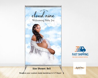 On Cloud Nine Backdrop with Custom Photo for Boy Baby Shower, Bridal Shower, Wedding, Prom, Anniversary, Sweet 16, Personalized Cloud Banner