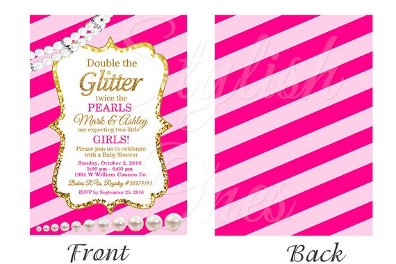 Hot pink and gold baby shower invitation | Twin girl baby shower invitation | Hot pink glam twin girls baby shower invitation Il_570xn
