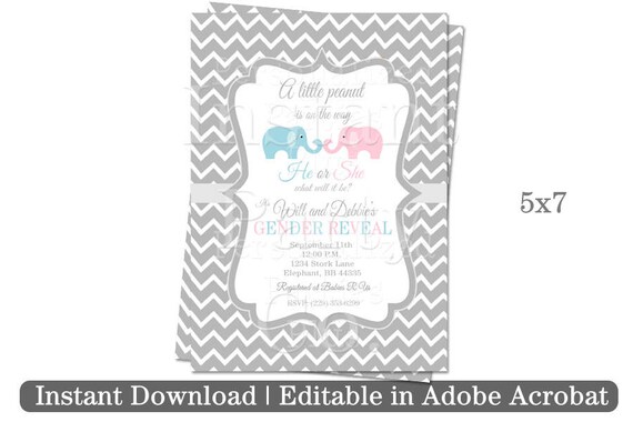 Gender Reveal baby shower invitations | Elephant Baby shower invitations | Elephant Gender Reveal invitations Il_570xn