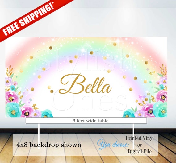 Rainbow backdrop | Rainbow birthday party backdrop | Floral backdrop | Rainbow banner with flowers Il_570xn