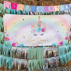 Custom Unicorn Birthday Banner, Personalized Rainbow Floral Unicorn Backdrop for Girls Unicorn Birthday Party