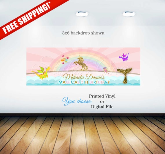 Magical birthday banner | Unicorn, mermaid, dragon and fairy banner | Unicorn birthday banner | unicorn and rainbow birthday banner Il_570xn