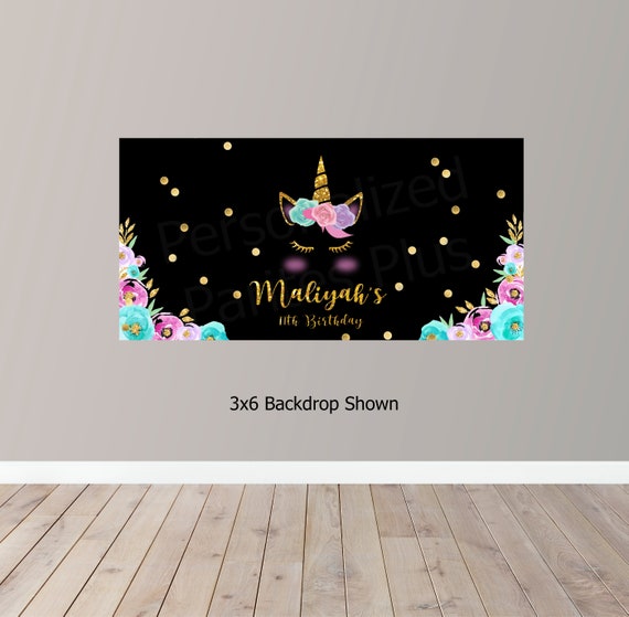 Black unicorn birthday backdrop | Black and gold unicorn birthday party backdrop| Floral unicorn backdrop | Unicorn banner Il_570xn