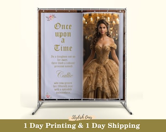 Story book quinceanera birthday backdrop for fairytale parties, Personalized photo banner with "Once upon a time"