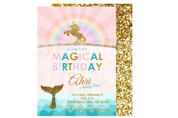 Mermaid and Unicorn birthday invitation | Unicorn and Mermaid invitation | Unicorns, rainbows and mermaids invitations Il_570xn