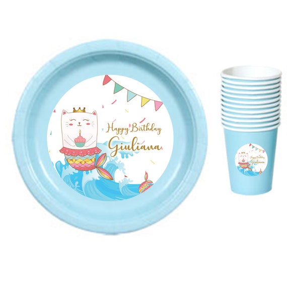 Cat mermaid plates and cups | Purrmaid birthday party plates | Meowmaid plates | Caticorn plates and cups Il_570xn
