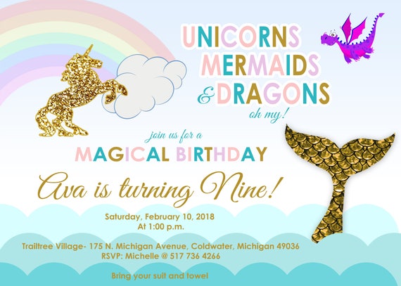 Unicorns, Mermaids and dragons birthday invitation | Unicorns, Mermaids and dragon invitation | Unicorns, rainbows and mermaids invitations Il_570xn