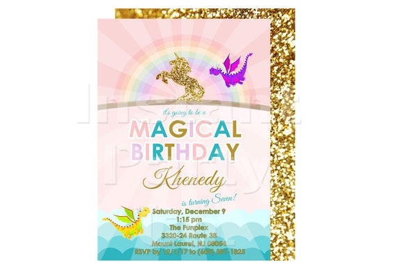 Dragons and Unicorn birthday invitation | Unicorn and Dragon invitation | Unicorns, rainbows and dragons invitations Il_570xn