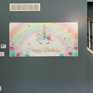 Custom Unicorn Birthday Banner, Personalized Rainbow Floral Unicorn Backdrop for Girls Unicorn Birthday Party