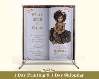 Storybook birthday backdrop for fairytale parties, "Once upon a time" banner with custom photo and name