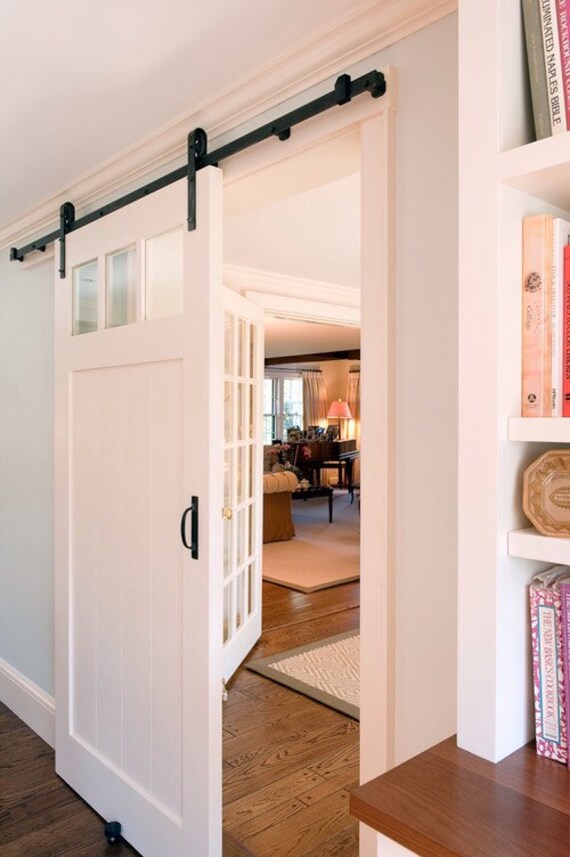 Vintage Style Colonial Farmhouse Sliding Paneled Barn Door With Glass Windows White