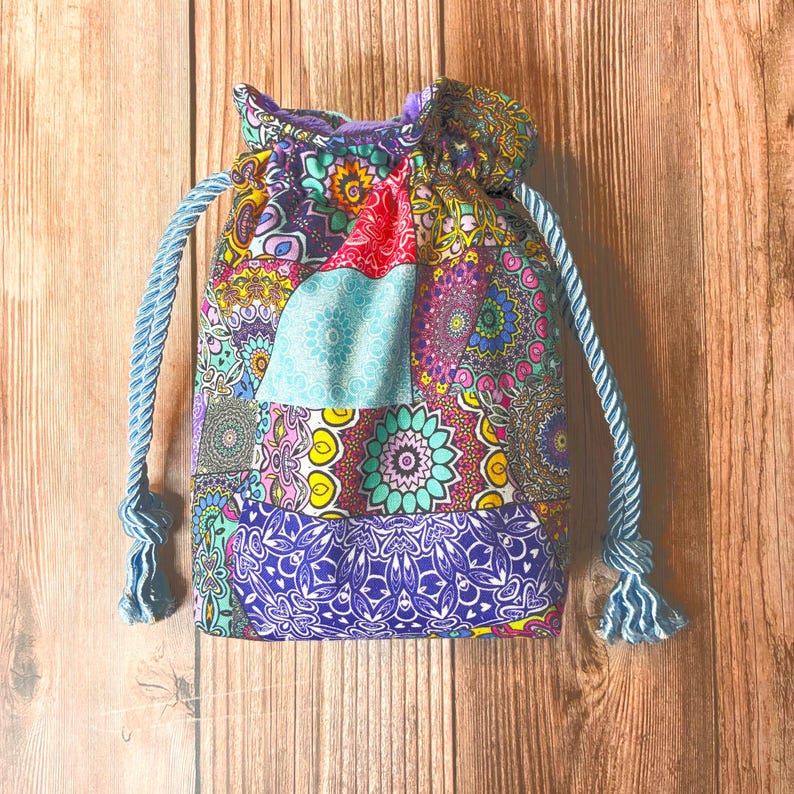 Patchwork Patterned Drawstring Tarot/Oracle Card Bag| Fully Lined| Twisted Satin Cording| Rune Bag| Tarot Gift image 1