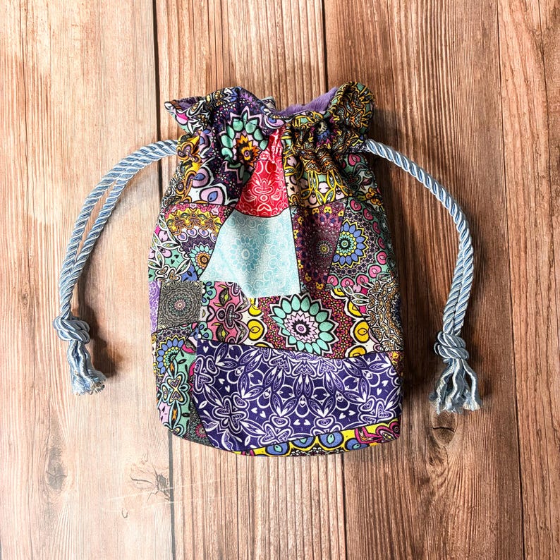 Patchwork Patterned Drawstring Tarot/Oracle Card Bag| Fully Lined| Twisted Satin Cording| Rune Bag| Tarot Gift image 5