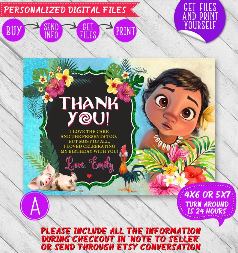 Moana card Baby Moana thank you card Moana party decoration Moana birthday thank you card with photo Moana gift tag Moana favor cards