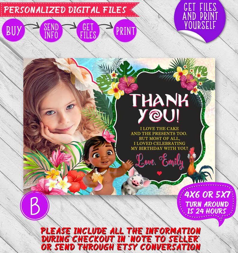 Moana card Baby Moana thank you card Moana party decoration Moana birthday thank you card with photo Moana gift tag Moana favor cards