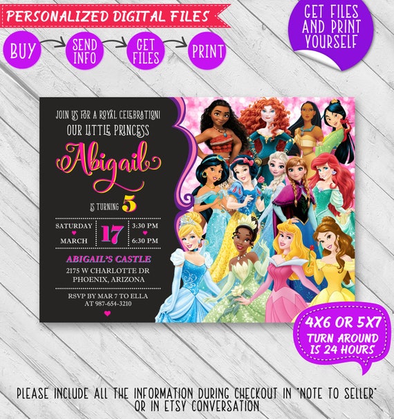 Disney Princess Birthday Invitation Disney Princess Etsy