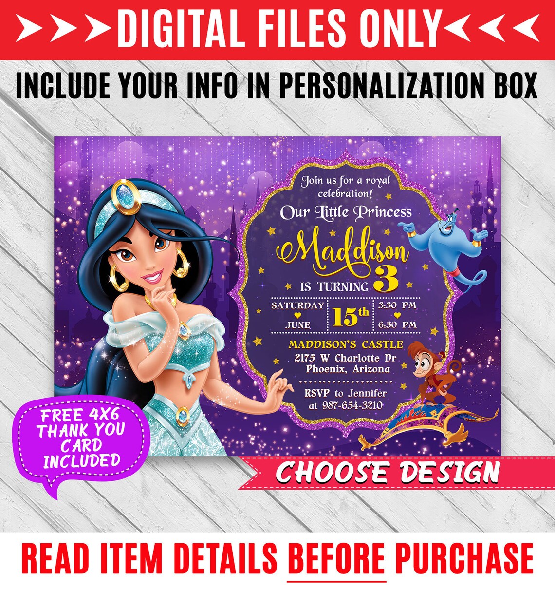 Princess Jasmine invitation Jasmine invite Aladdin Jasmine Etsy