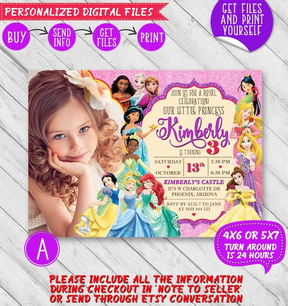 Disney Princess Birthday Invitation Disney Princess Etsy