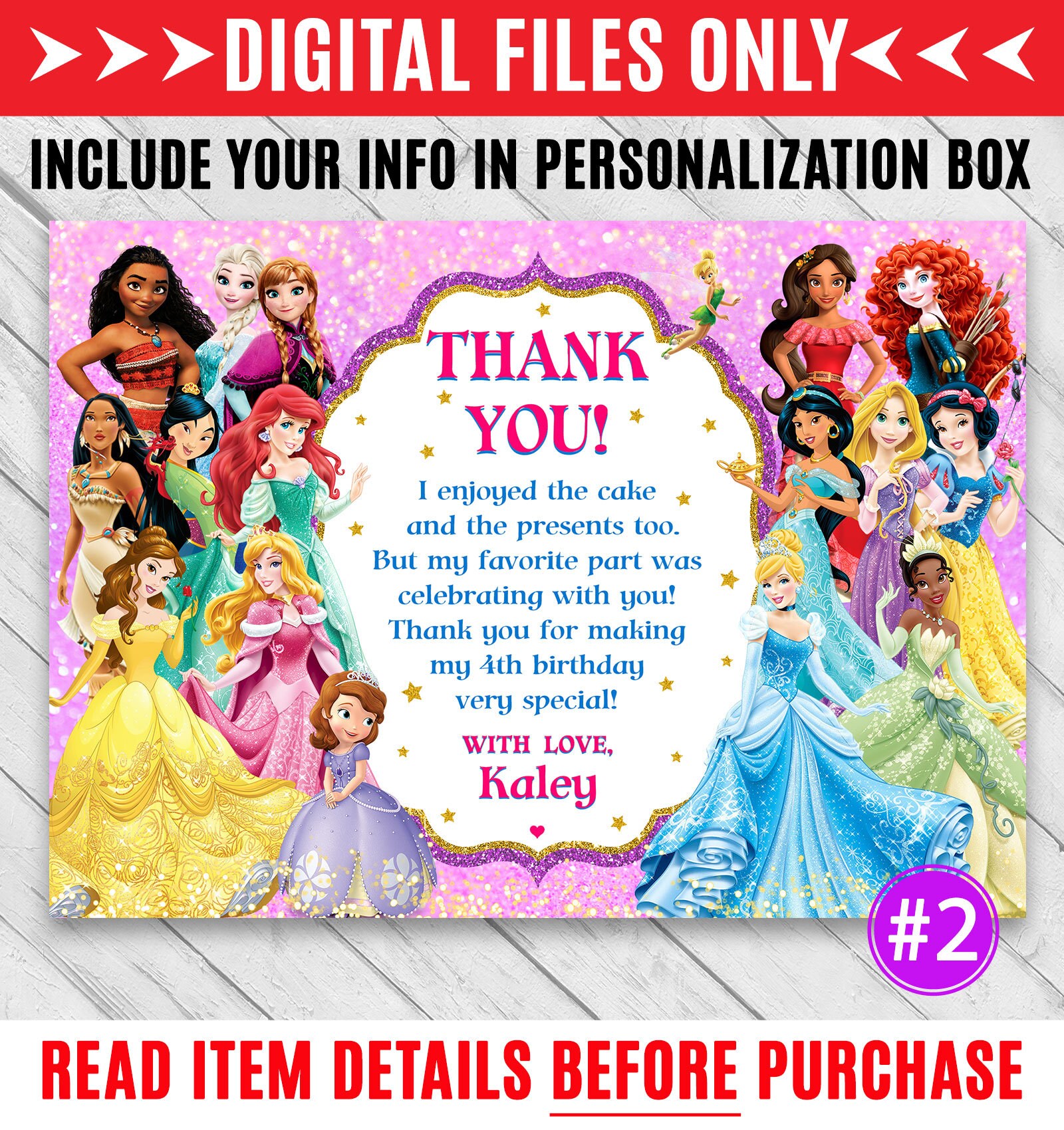 Disney princess thank you card Disney princess favor tag Etsy