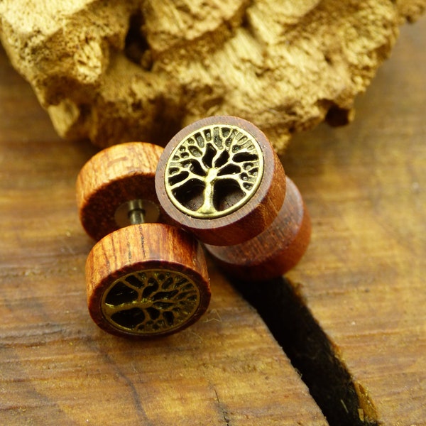 Fake Plugs Paar Holz "Tree of Life" Ohrringe ohne Loch Ohrstecker Tunnel HIPPIE GOA Boho Ethno Natur Ohrschmuck Frau Geschenk Sie Freundin