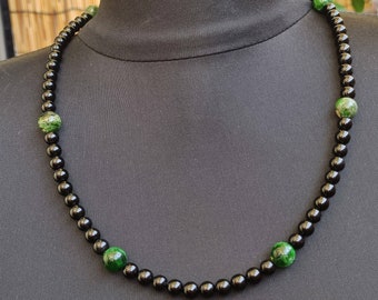 Diopside + Tourmaline ~ Gemstone Beads Necklace Meditation Prayer Beads Mantra Zen Boho Healing Stone Chakra Healing Crystal Rarity Rare Man
