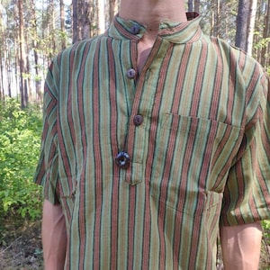 Natural Cotton Shirt T-Shirt for Men and Women, Short Sleeve, Green, Khaki, Striped, Sizes S-3XL, Goa Hippie Boho Festival, Psy Ethno Vintage, Summer, Indie Yoga