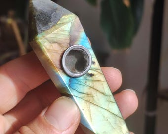 Labradorit AAA Edelstein Pfeife Blau Natur Heilstein Kräuter GOA Hippie Ethno Boho Flash Fire Festival Utensil Sammlerstück DMT
