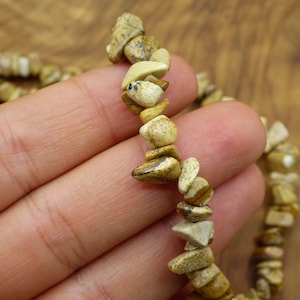 May include: A close-up of a bracelet made of small, irregularly shaped, tan and brown stones. The stones are strung together on a cord, and the bracelet is held in a hand. The bracelet has a silver clasp.