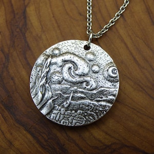 Van Gogh ~ &quot;Starry Night&quot; Mountains Clouds & Night Sky ~ Silver Pendant Necklace ~ Moon ~ Stars ~ Trees ~ Nature ~ HIPPIE~GOA~Boho~Tibet~Nature