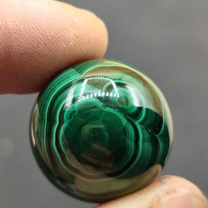 May include: A polished, spherical malachite gemstone featuring deep forest green and lighter green concentric banding patterns. The surface is smooth and reflective, displaying natural swirling layers of color throughout the round stone.