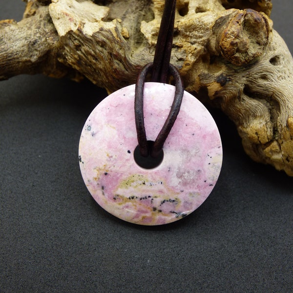 Rhodonite ~ 30 mm Donut Gemstone Necklace Pink Natural Rarity Protection Symbol Healing Stone Crystal HIPPIE Boho Tibet Ethnic Man Woman Gift He Her