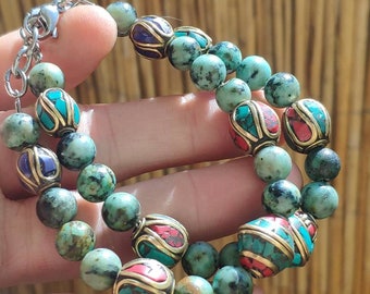 Afrikanischer Türkis (Cuprit Chrysocoll)& Tibet Boho Keramik Perlen ~ Edelstein Armband ~ GOA ~ Hippie ~Boho ~Ethno~Indie ~Nature~Heilstein