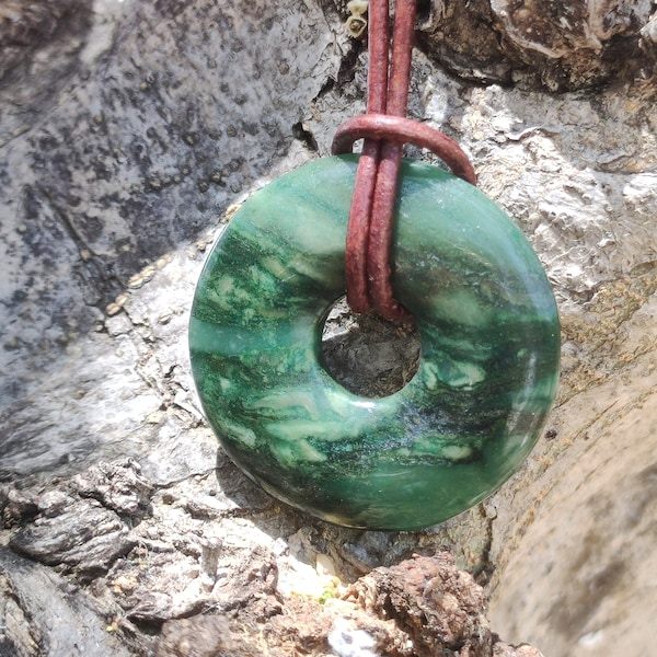 Africa Jade 30 mm ~ Gemstone Donut Necklace Green Natural Goa HIPPIE Healing Stone Crystals Pendant Man Woman Child Gift He Her Brother Sister