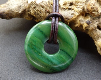 Africa Jade 30 mm ~ Gemstone Donut Necklace Green Natural Goa HIPPIE Healing Stone Crystals Pendant Man Woman Child Gift He Her Brother Sister