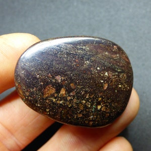 May include: A polished, oval-shaped stone with a dark brown and black base color, featuring scattered metallic gold and copper-colored flecks throughout its smooth, reflective surface. The stone displays a complex, mottled texture with visible mineral inclusions.