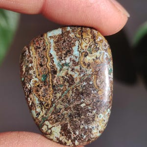 May include: A smooth, polished stone with a unique pattern of brown, green, and white swirls. The stone has a natural, organic look.